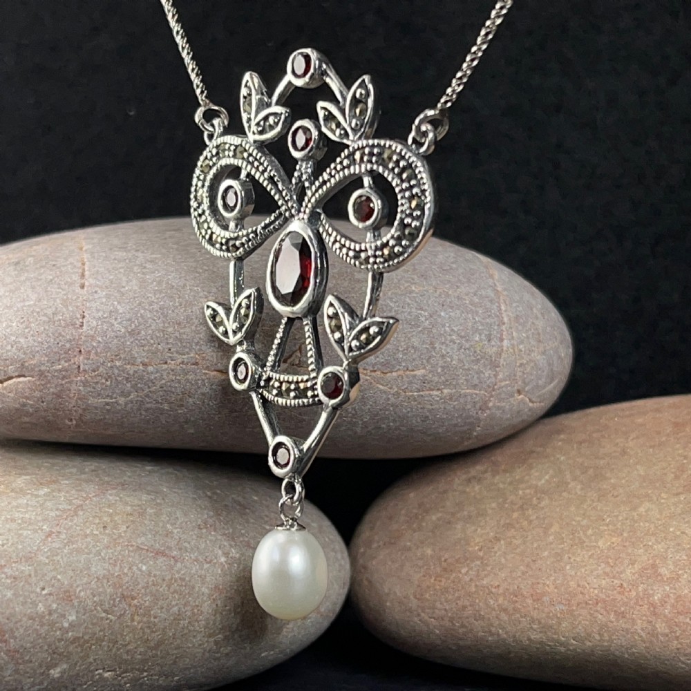 Antique Victorian Silver Garnet, Cultured Pearl & Marcasite Pendant Necklace View III