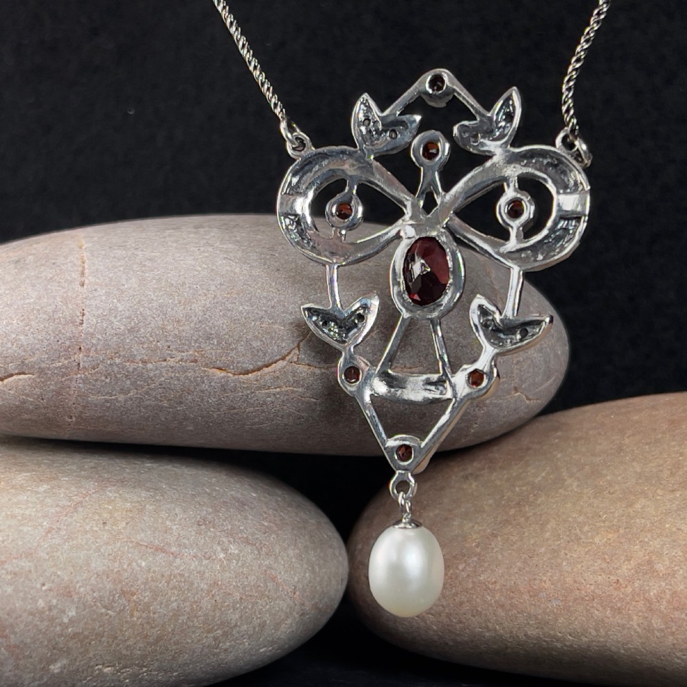 Antique Victorian Silver Garnet, Cultured Pearl & Marcasite Pendant Necklace View IV
