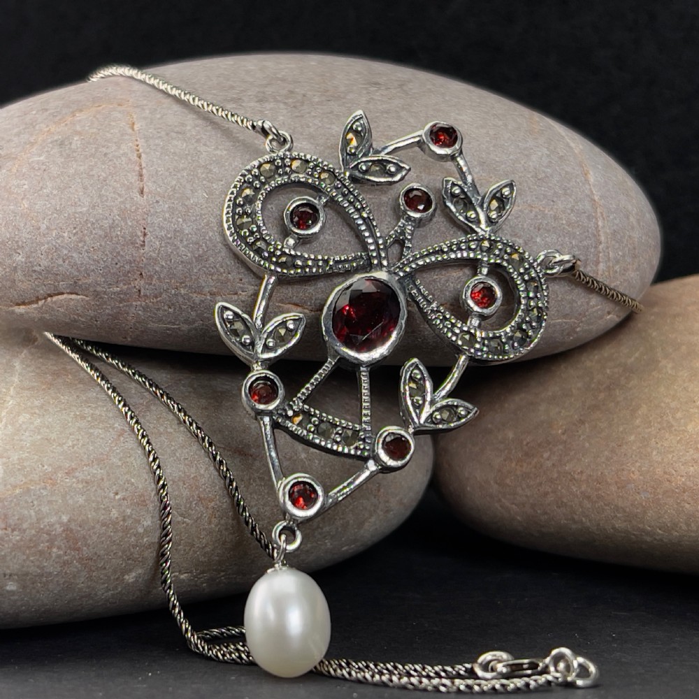 Antique Victorian Silver Garnet, Cultured Pearl & Marcasite Pendant Necklace View V