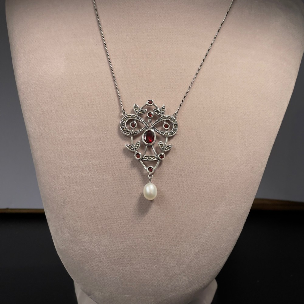 Antique Victorian Silver Garnet, Cultured Pearl & Marcasite Pendant Necklace View VI