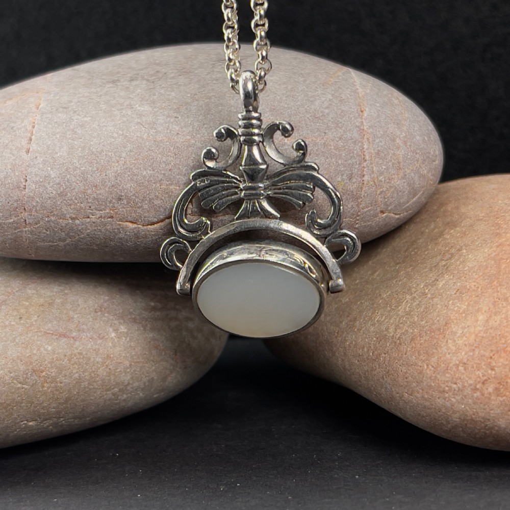 Antique Edwardian Silver Polished Mother of Pearl & Black Enamel Spinning Fob on Chain