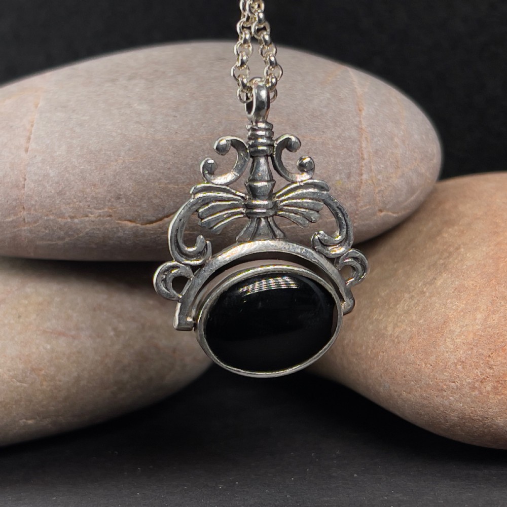 Antique Edwardian Silver Polished Mother of Pearl & Black Enamel Spinning Fob on Chain View II