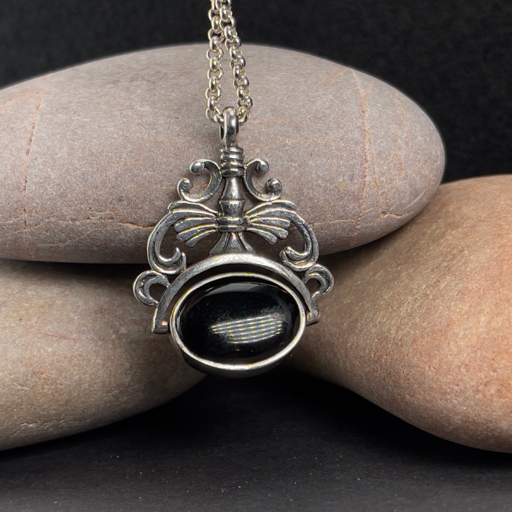 Antique Edwardian Silver Polished Mother of Pearl & Black Enamel Spinning Fob on Chain View III