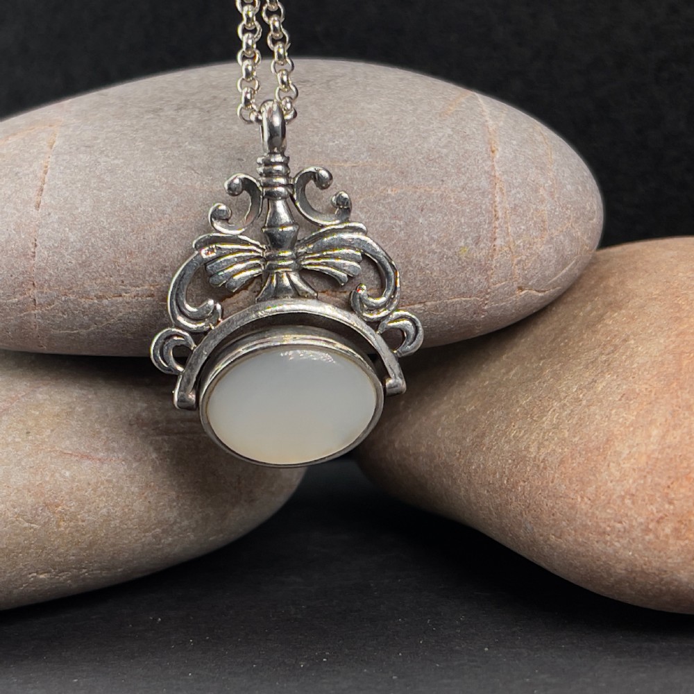 Antique Edwardian Silver Polished Mother of Pearl & Black Enamel Spinning Fob on Chain View IV