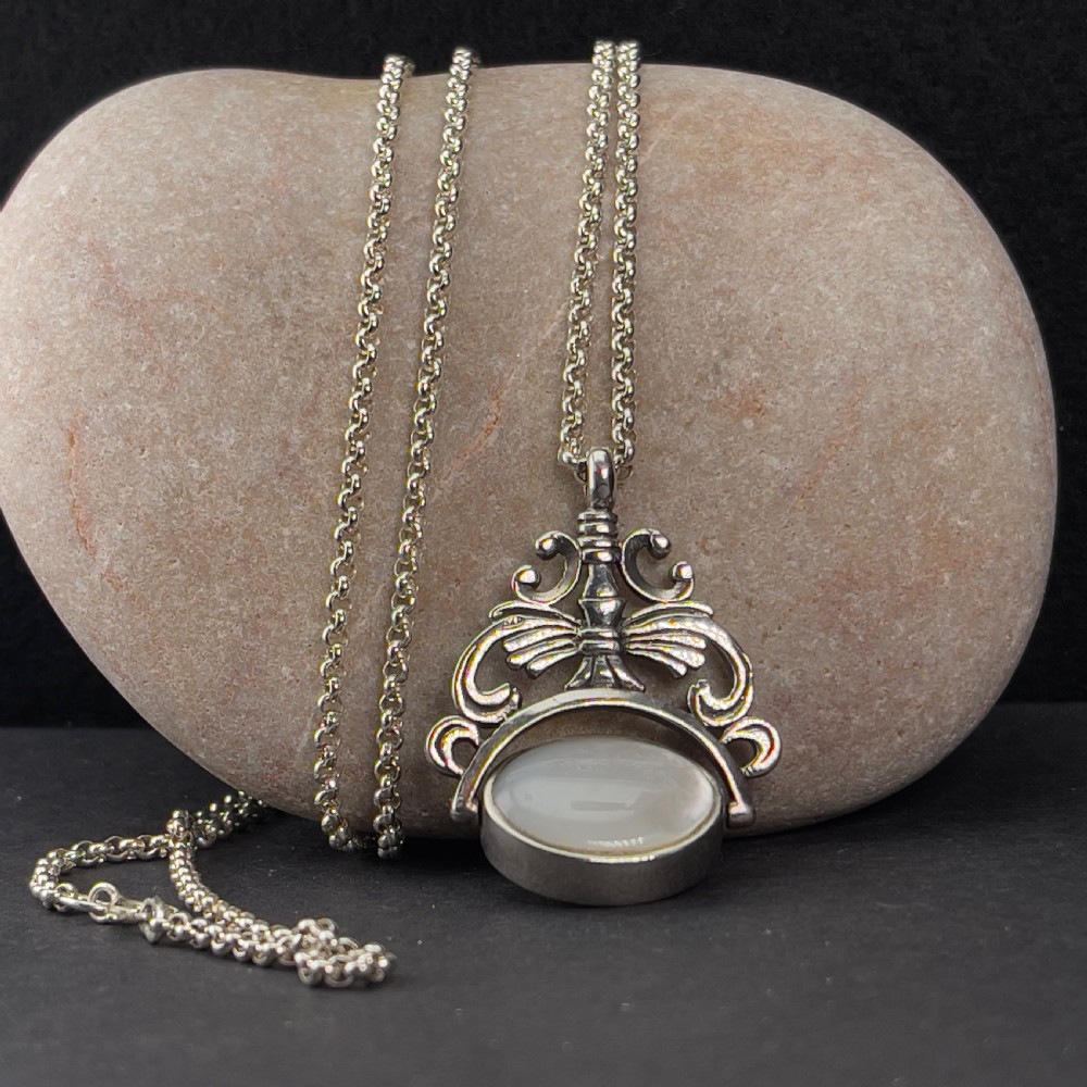 Antique Edwardian Silver Polished Mother of Pearl & Black Enamel Spinning Fob on Chain View V