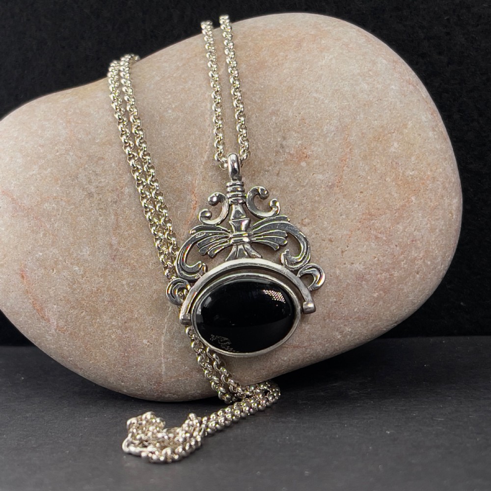 Antique Edwardian Silver Polished Mother of Pearl & Black Enamel Spinning Fob on Chain View VI