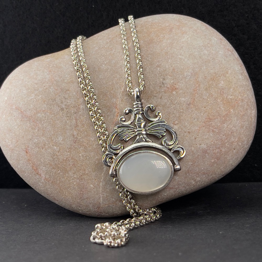 Antique Edwardian Silver Polished Mother of Pearl & Black Enamel Spinning Fob on Chain View VII