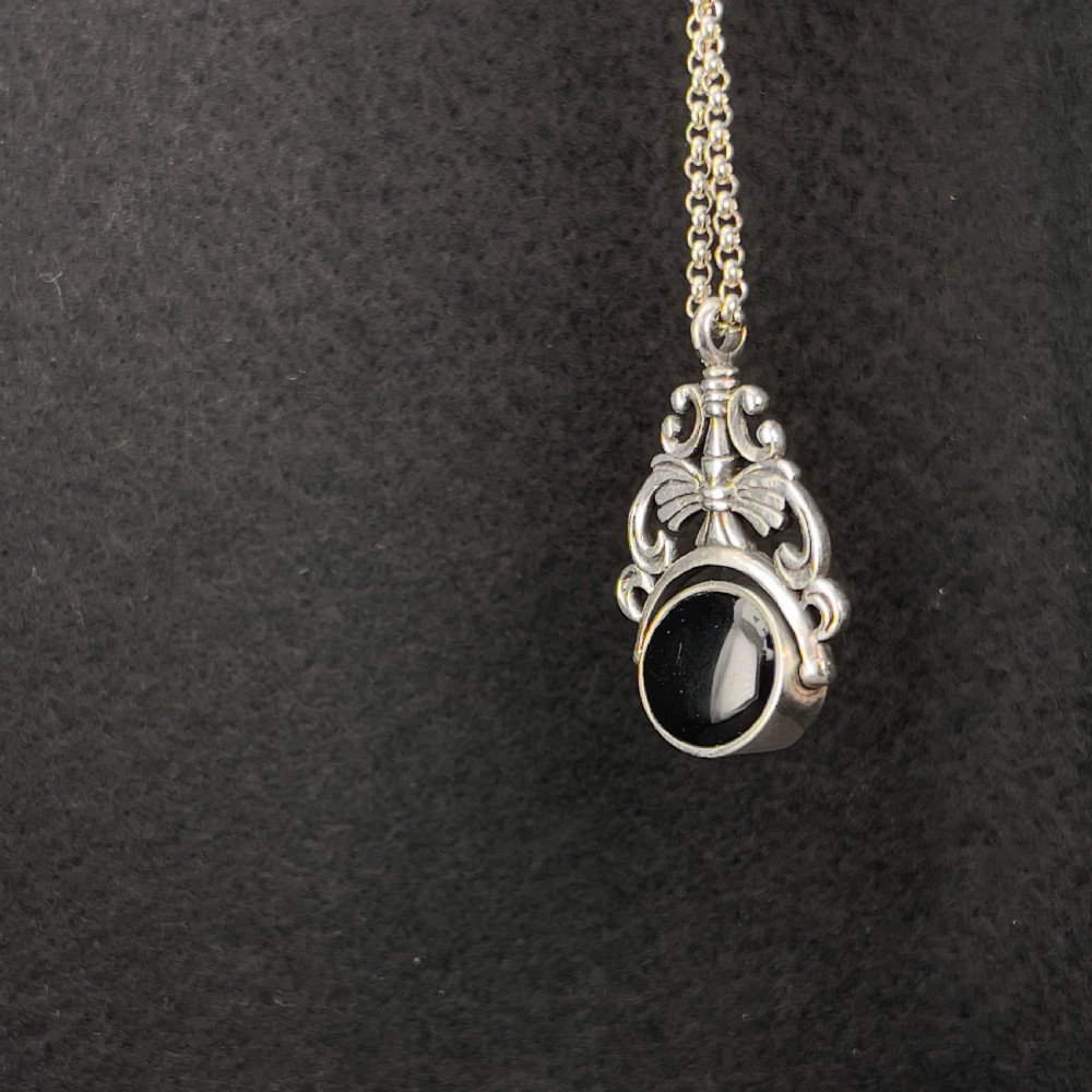 Antique Edwardian Silver Polished Mother of Pearl & Black Enamel Spinning Fob on Chain View VIII