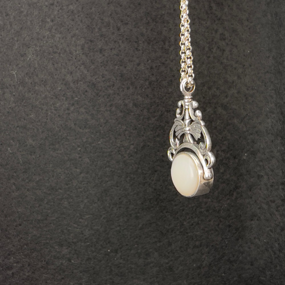 Antique Edwardian Silver Polished Mother of Pearl & Black Enamel Spinning Fob on Chain View IX