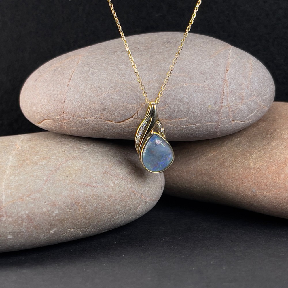 9ct Gold Diamond & Black Opal Pendant Necklace View II