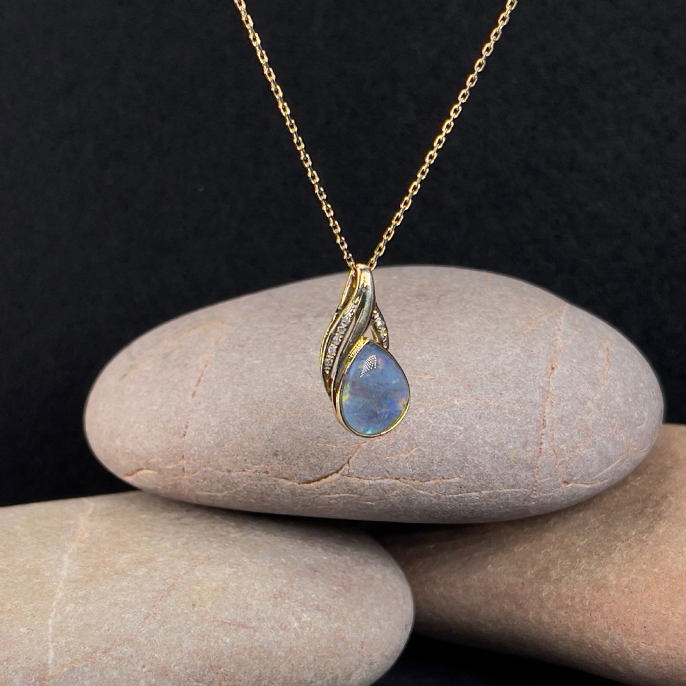 9ct Gold Diamond & Black Opal Pendant Necklace View IV