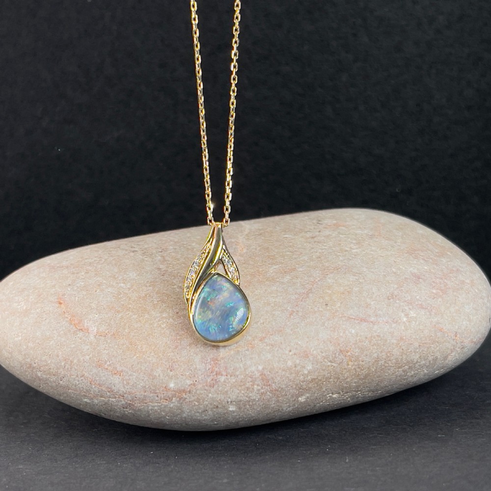 9ct Gold Diamond & Black Opal Pendant Necklace View V