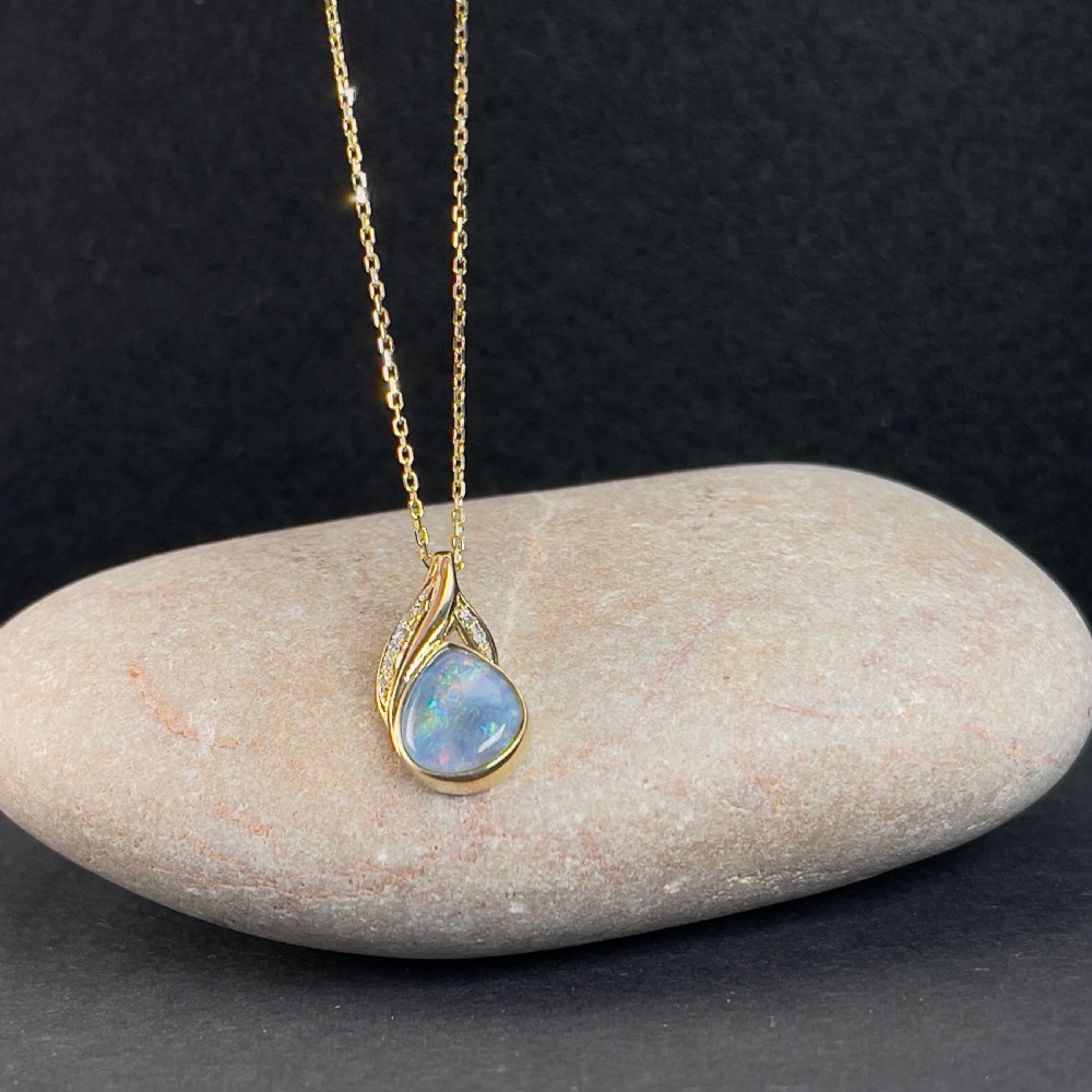 9ct Gold Diamond & Black Opal Pendant Necklace View VI