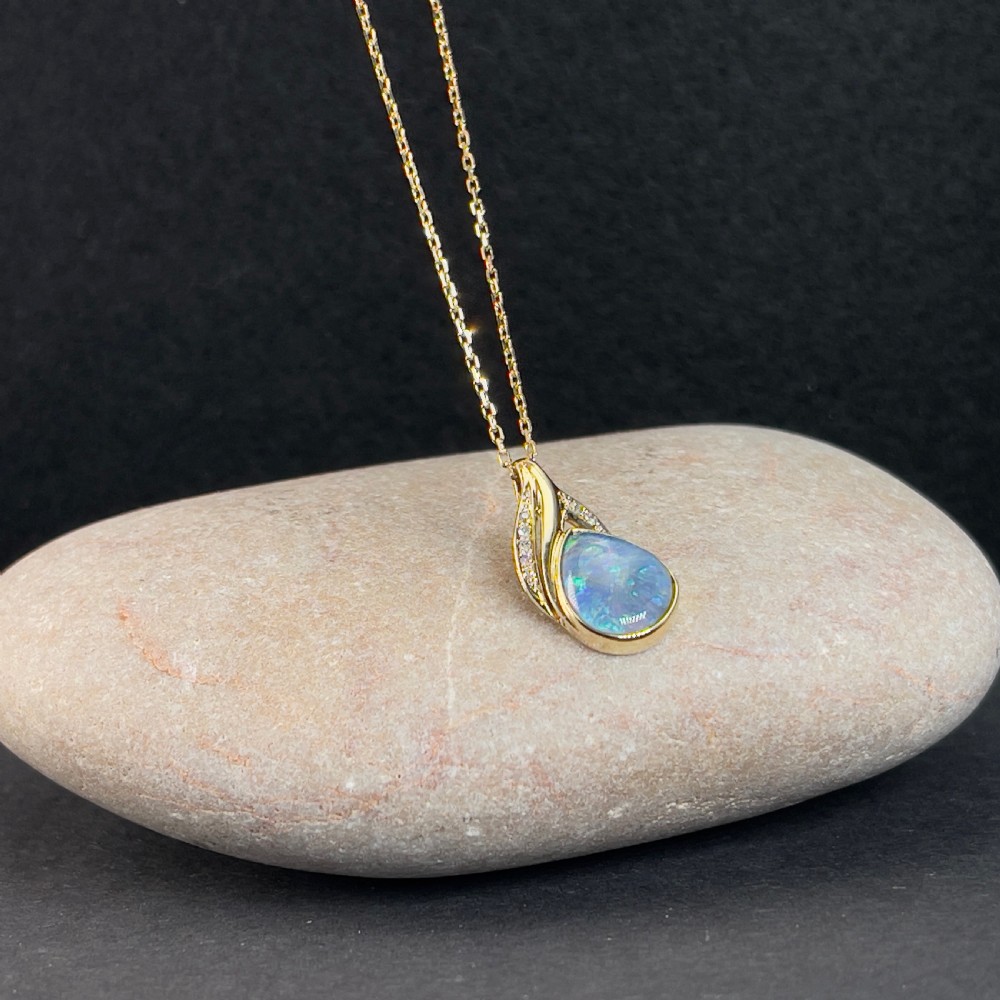 9ct Gold Diamond & Black Opal Pendant Necklace View VII