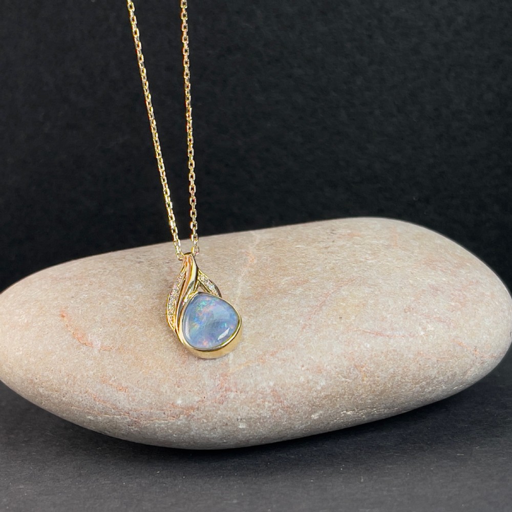 9ct Gold Diamond & Black Opal Pendant Necklace View VIII