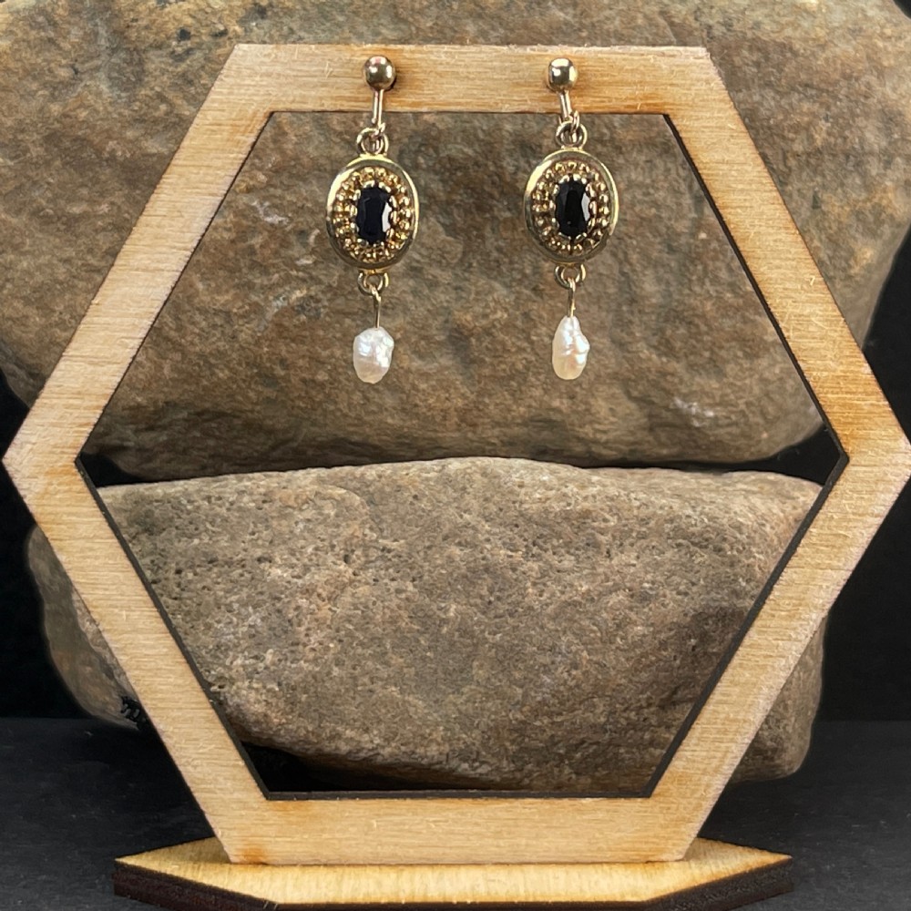 9ct Gold Sapphire & Pearl Screw Back Earrings View VII