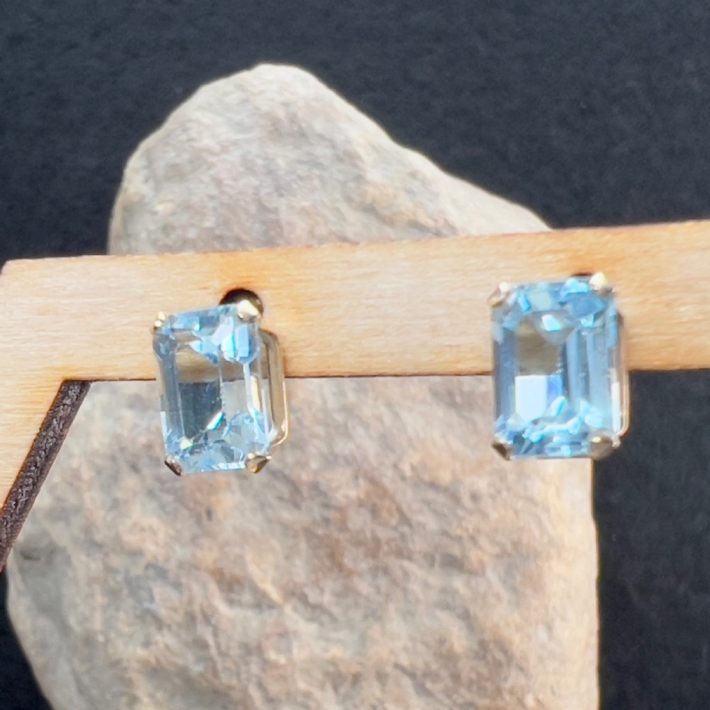 9ct Gold Emerald Cut Blue Topaz Stud Earrings View IV