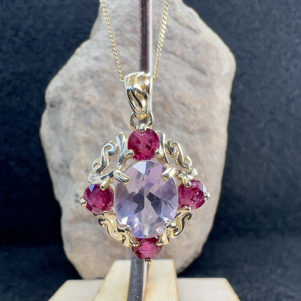 9ct Gold Large Amethyst & Ruby Pendant Necklace 