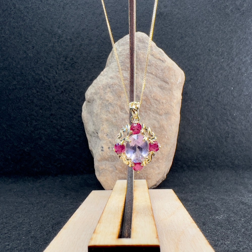 9ct Gold Large Amethyst & Ruby Pendant Necklace  View XI