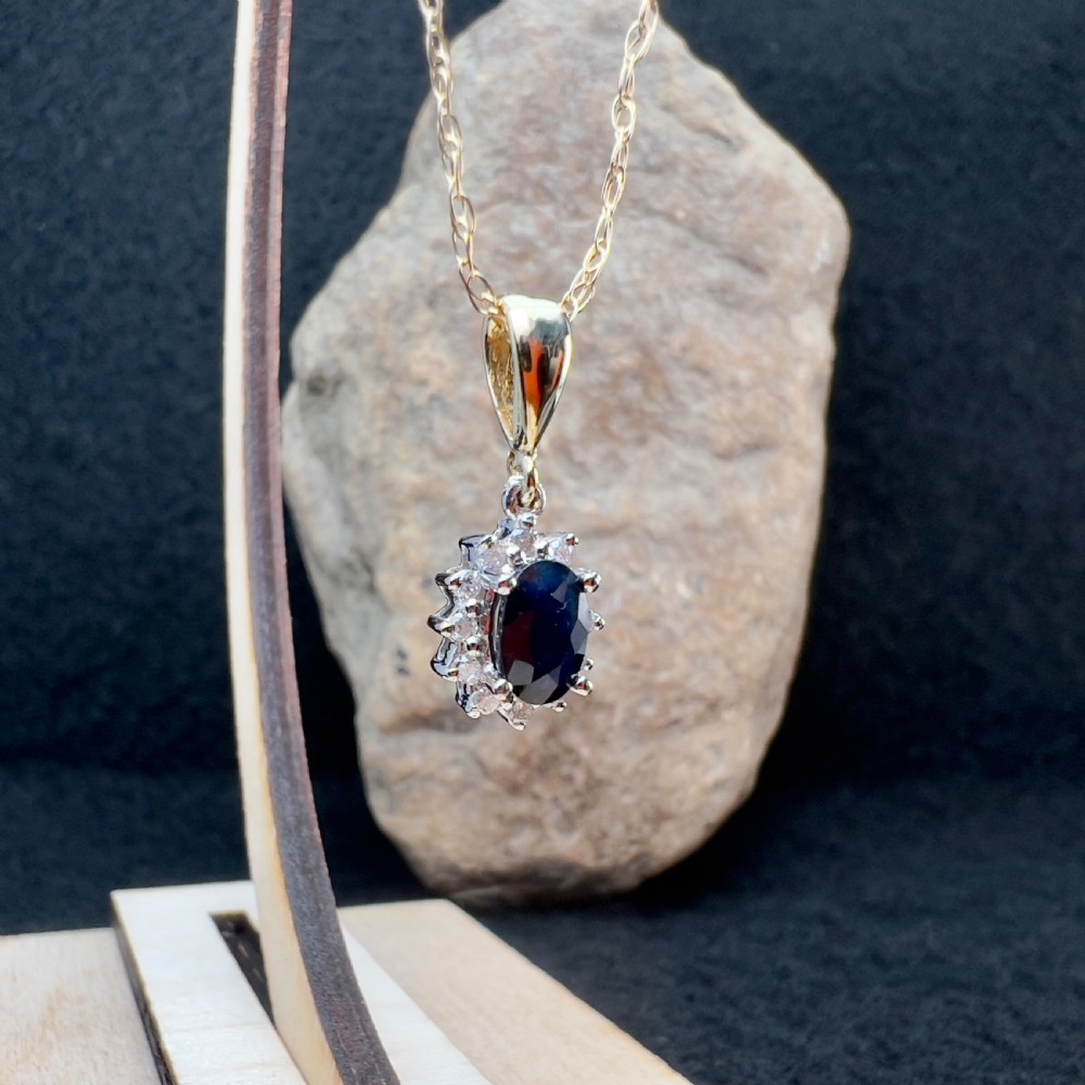 9ct Gold Sapphire & Diamond Cluster Pendant Necklace View VIII
