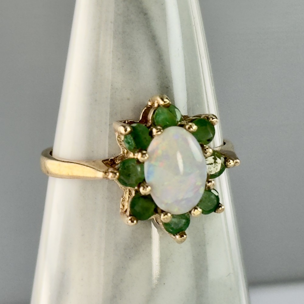 9ct Gold Vintage Opal & Emerald Cluster Ring View VI