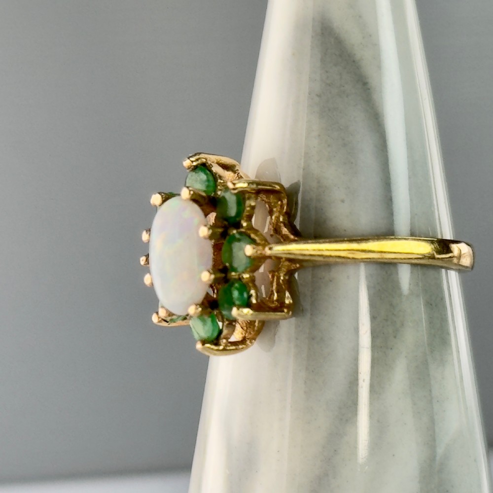 9ct Gold Vintage Opal & Emerald Cluster Ring View VIII