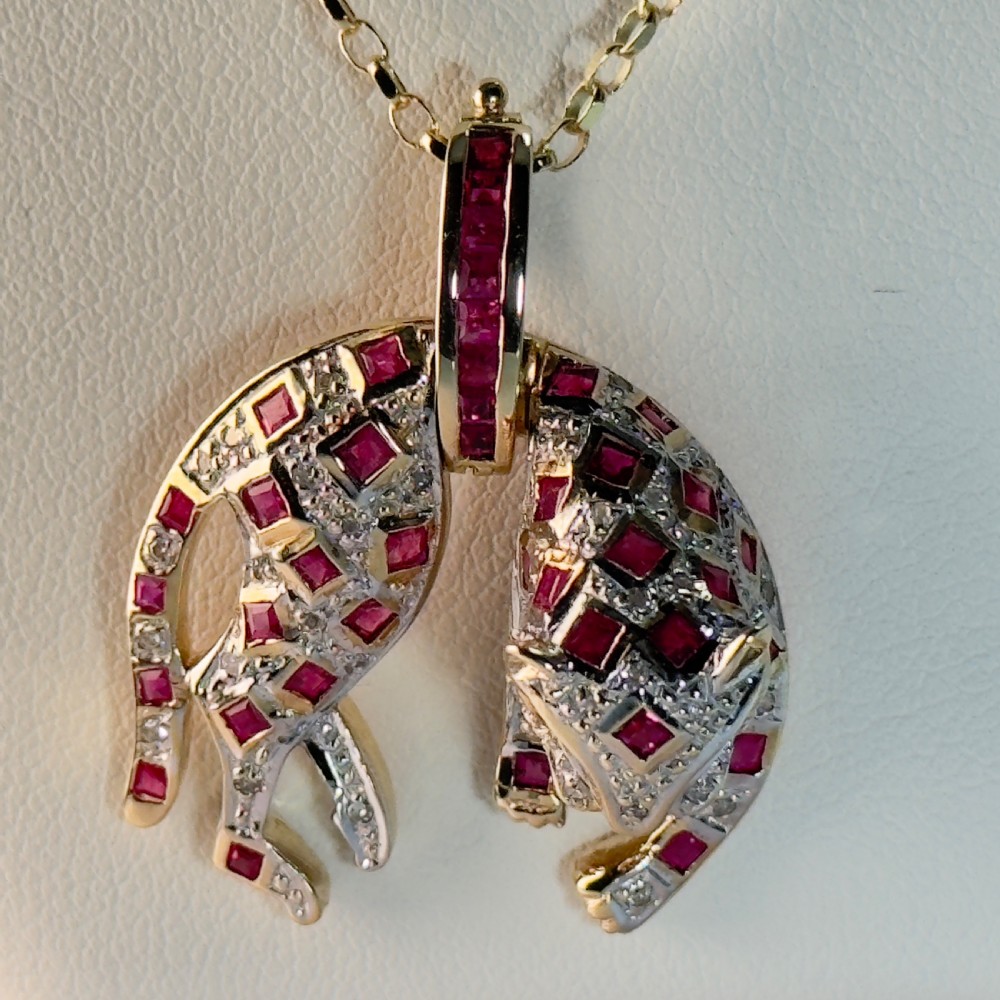 9ct Gold Diamond & Ruby Jaguar Pendant Necklace View III