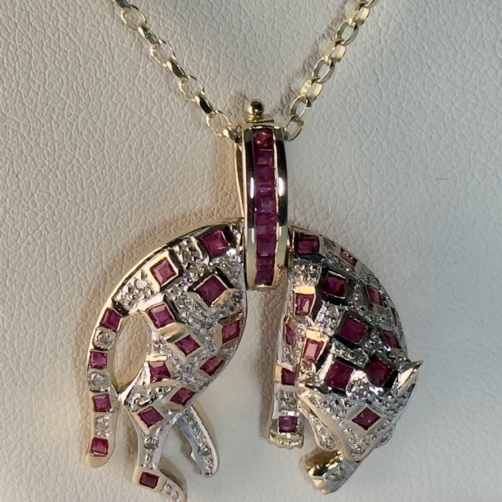 9ct Gold Diamond & Ruby Jaguar Pendant Necklace View VIII