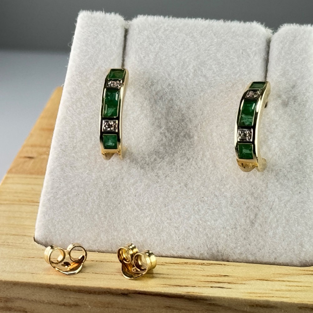 9ct Gold Emerald & Diamond Rounded Stud Earrings  View II