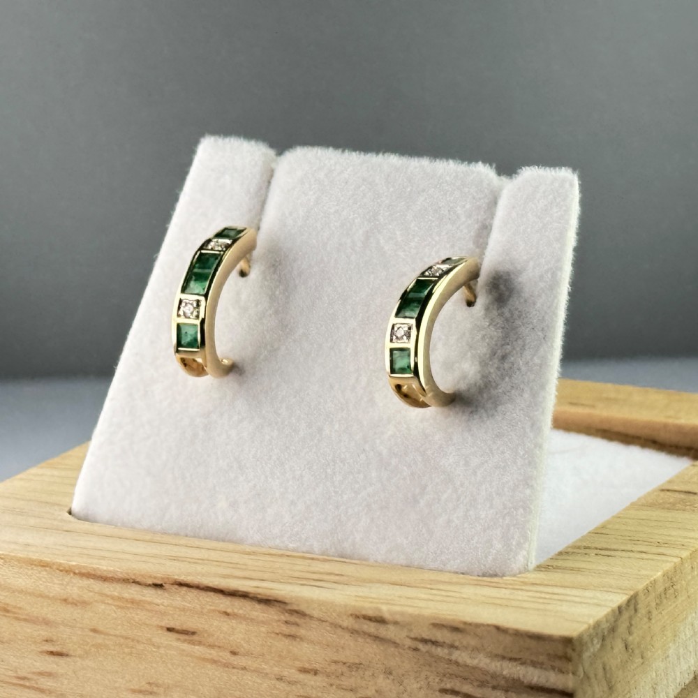 9ct Gold Emerald & Diamond Rounded Stud Earrings  View IV