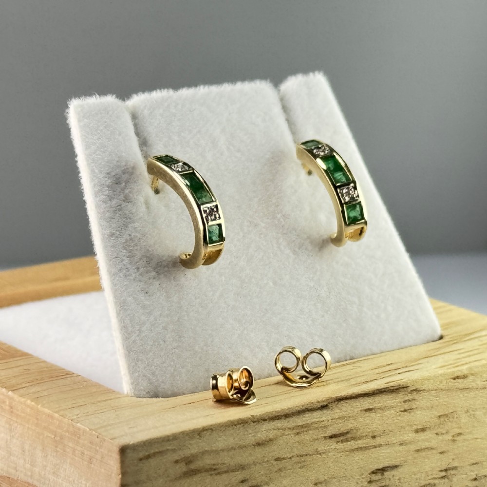 9ct Gold Emerald & Diamond Rounded Stud Earrings  View V
