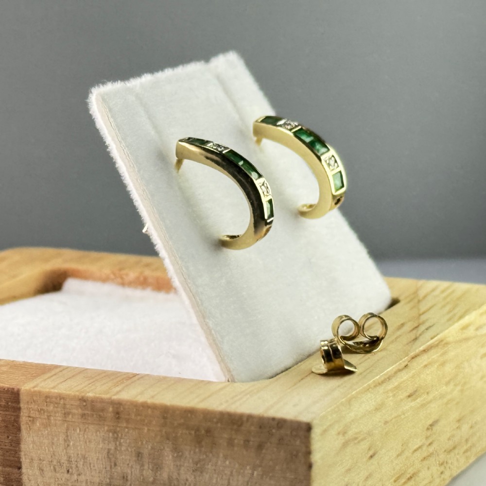 9ct Gold Emerald & Diamond Rounded Stud Earrings  View VI