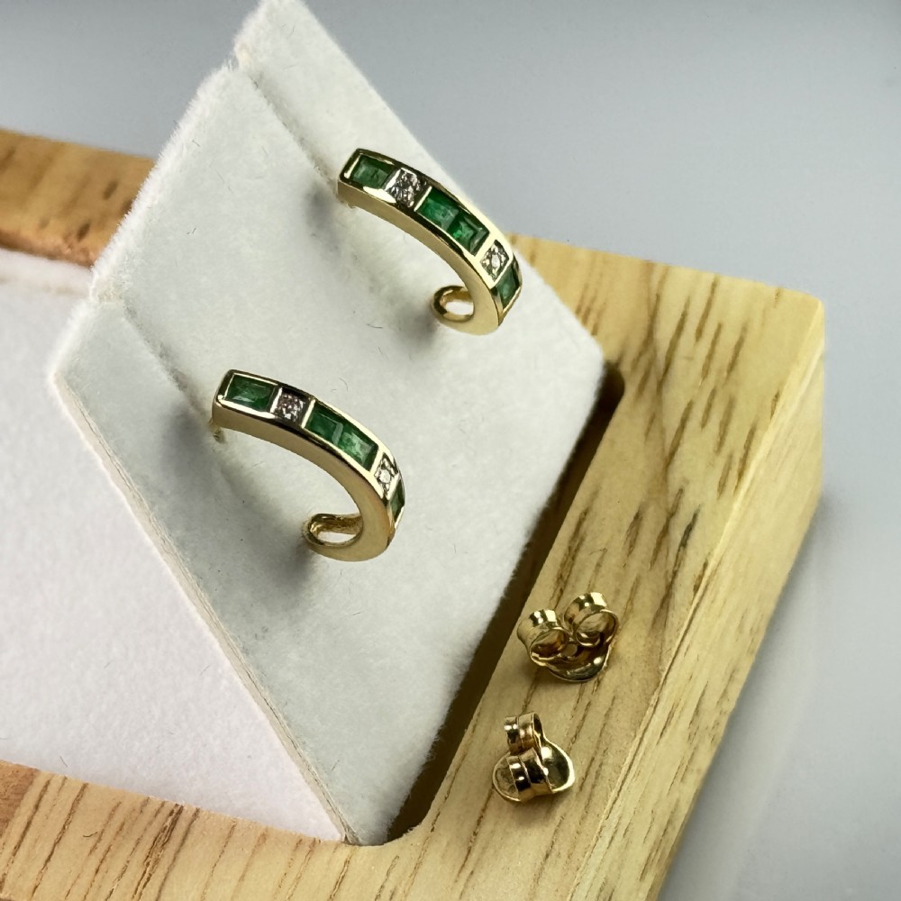 9ct Gold Emerald & Diamond Rounded Stud Earrings  View VII