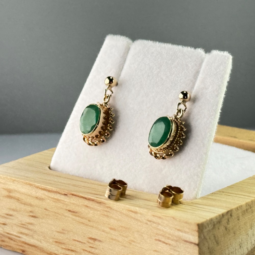 9ct Gold Vintage Oval Cut Emerald Drop Stud Earrings View II