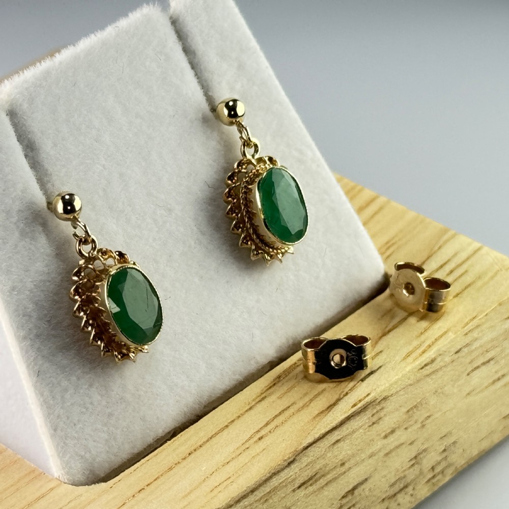 9ct Gold Vintage Oval Cut Emerald Drop Stud Earrings View III