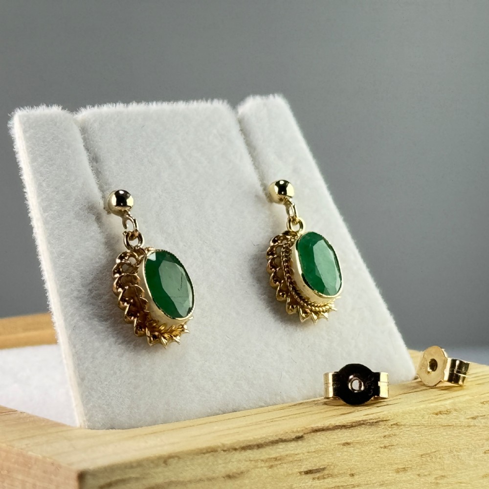 9ct Gold Vintage Oval Cut Emerald Drop Stud Earrings View IV