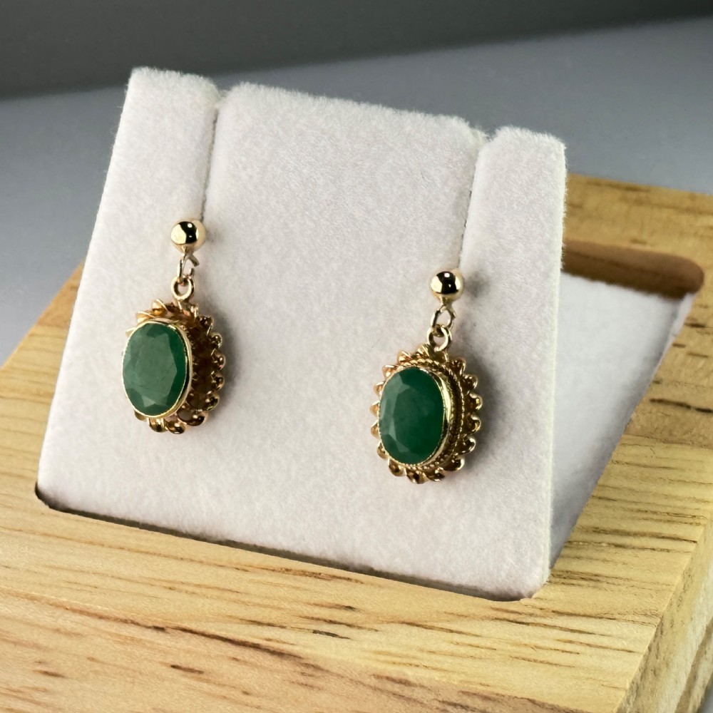 9ct Gold Vintage Oval Cut Emerald Drop Stud Earrings View VI