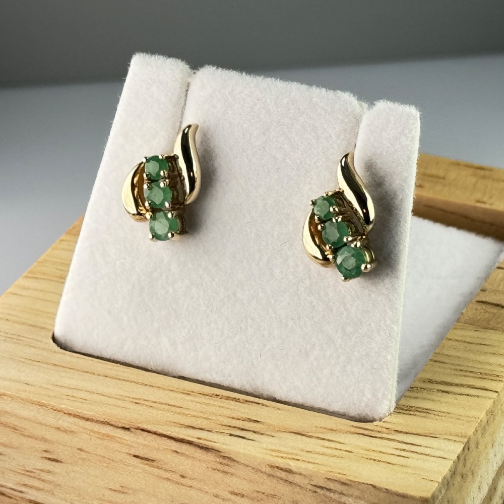 9ct Gold Three Stone Emerald Stud Earrings View VI