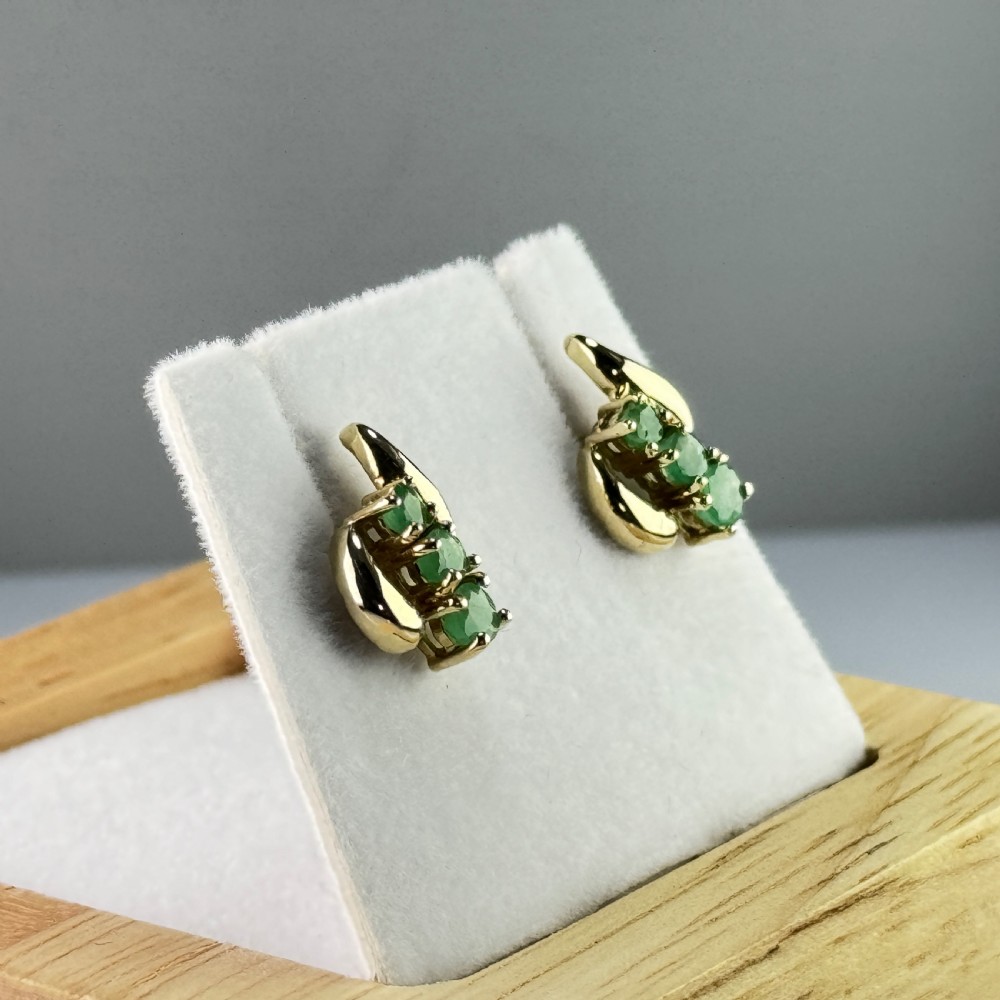 9ct Gold Three Stone Emerald Stud Earrings View II