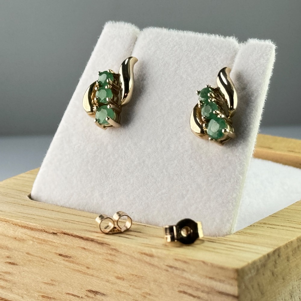 9ct Gold Three Stone Emerald Stud Earrings View III