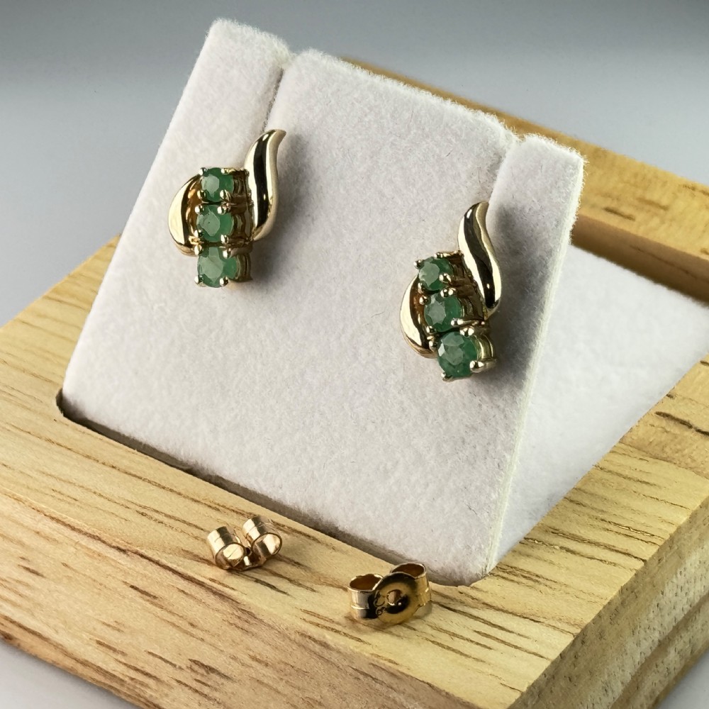 9ct Gold Three Stone Emerald Stud Earrings View IV
