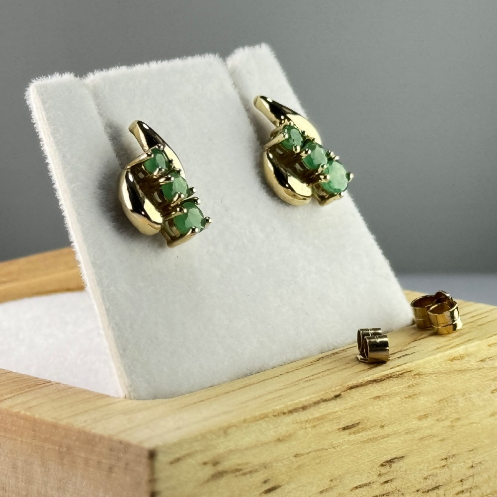 9ct Gold Three Stone Emerald Stud Earrings View V