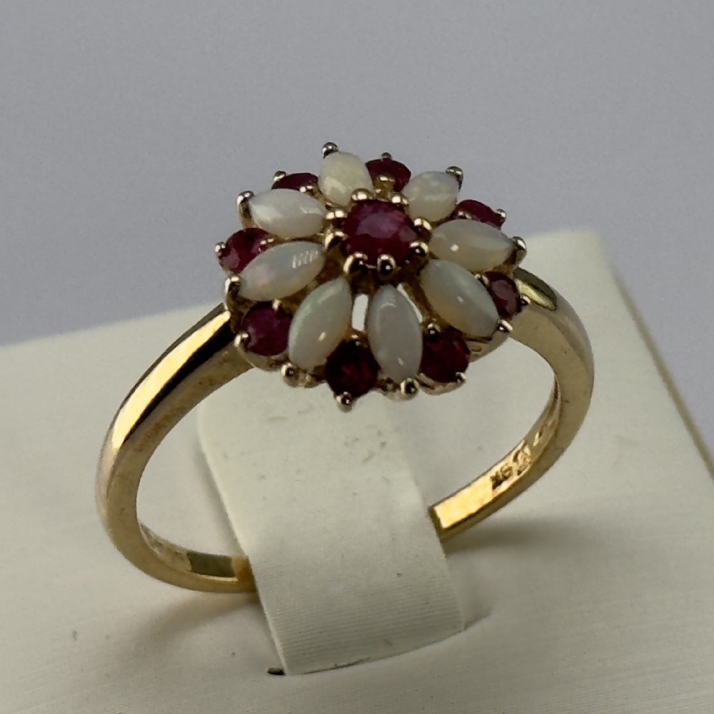 9ct Gold Ruby & Opal Cluster Ring