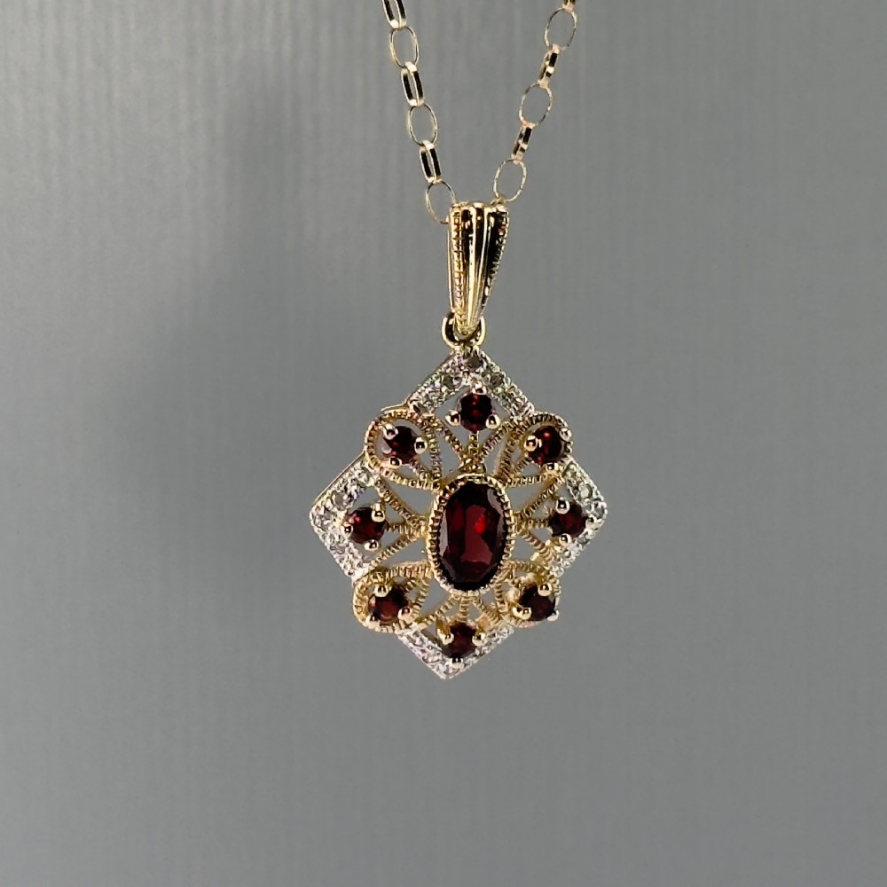 9ct Gold Art Deco Garnet & Diamond Pendant Necklace View II