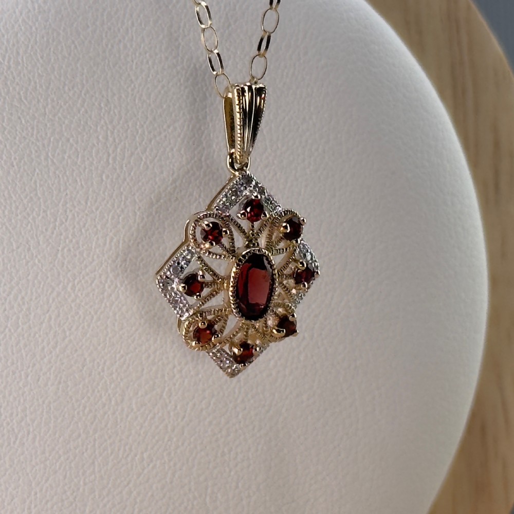 9ct Gold Art Deco Garnet & Diamond Pendant Necklace View III
