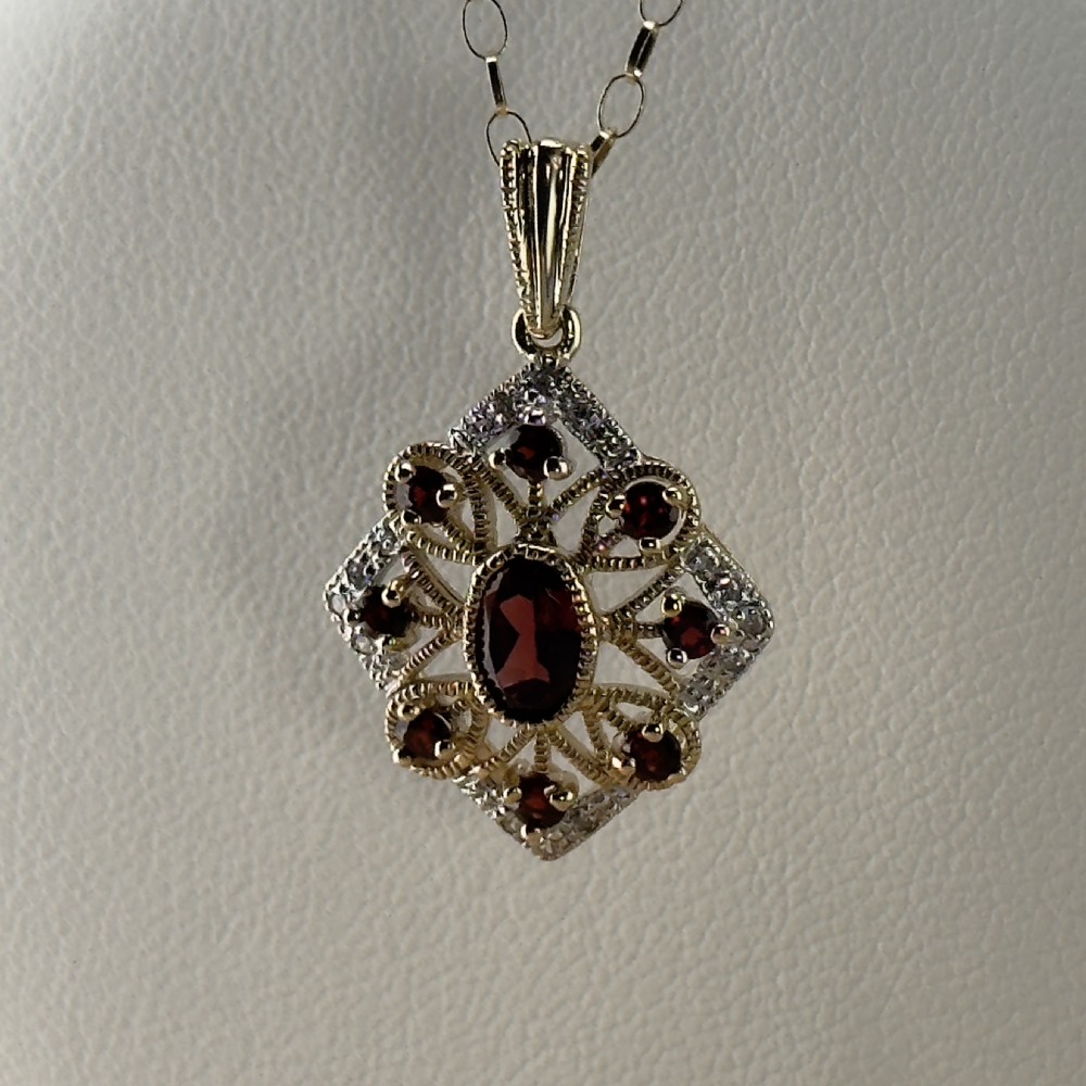 9ct Gold Art Deco Garnet & Diamond Pendant Necklace View IV