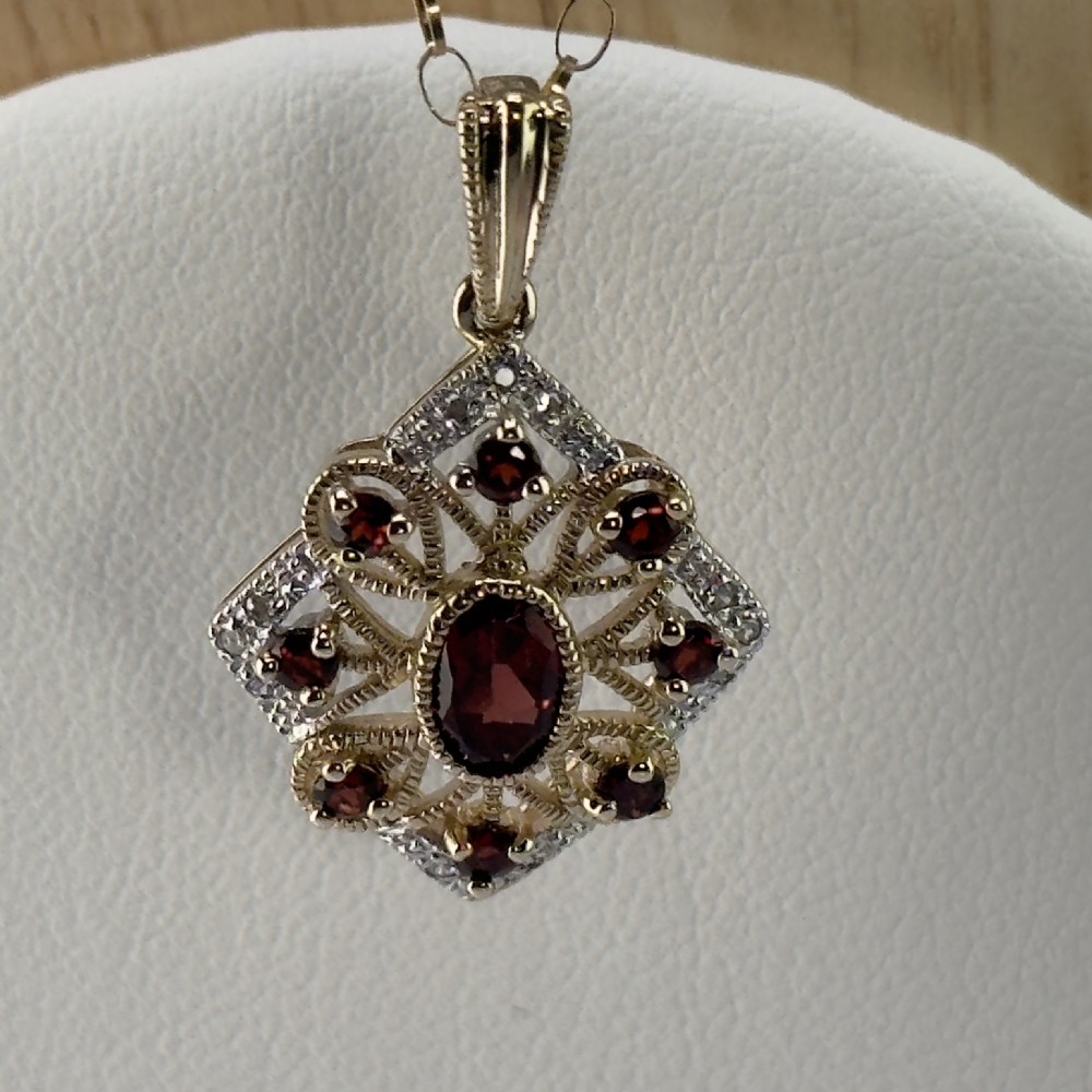 9ct Gold Art Deco Garnet & Diamond Pendant Necklace View V