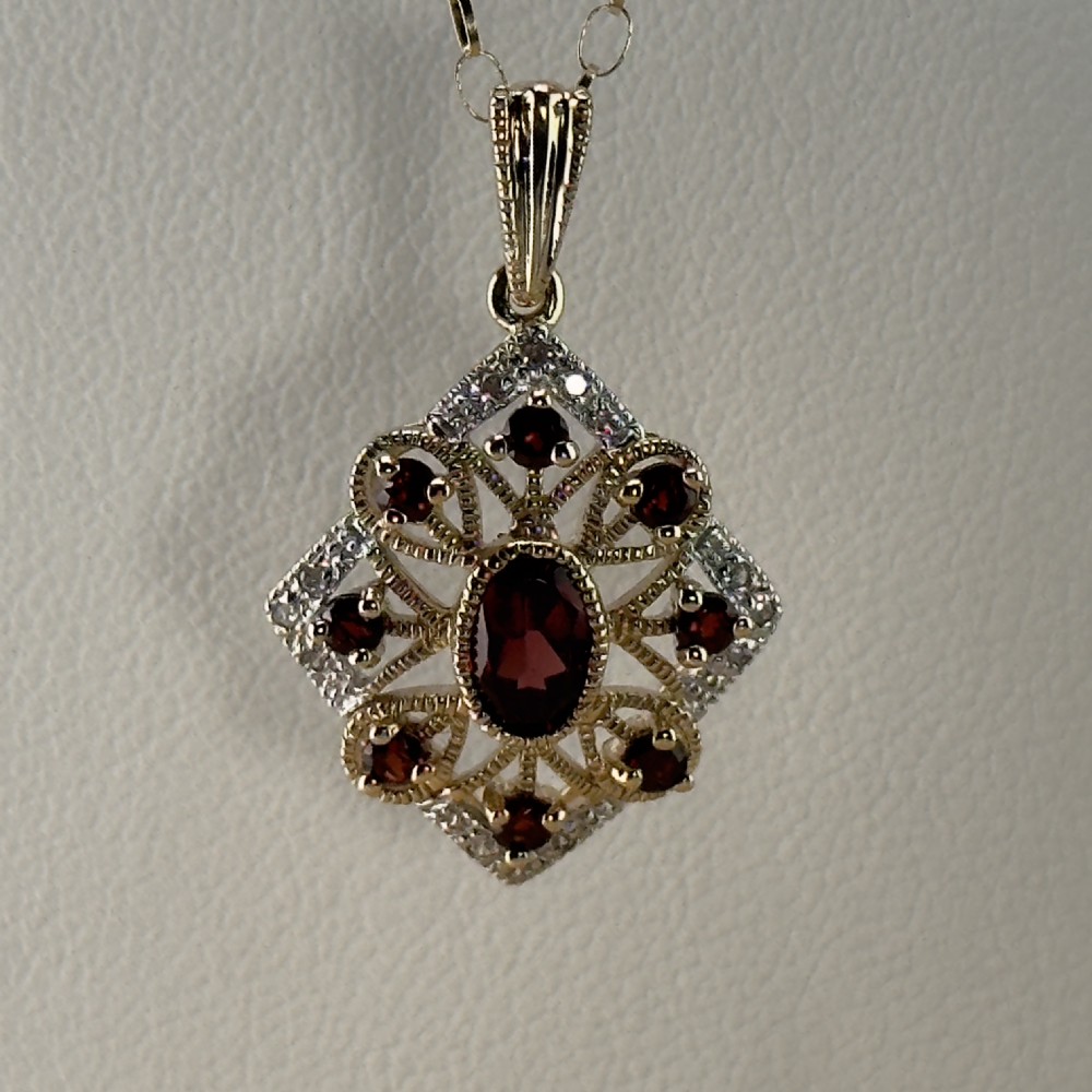 9ct Gold Art Deco Garnet & Diamond Pendant Necklace View VI