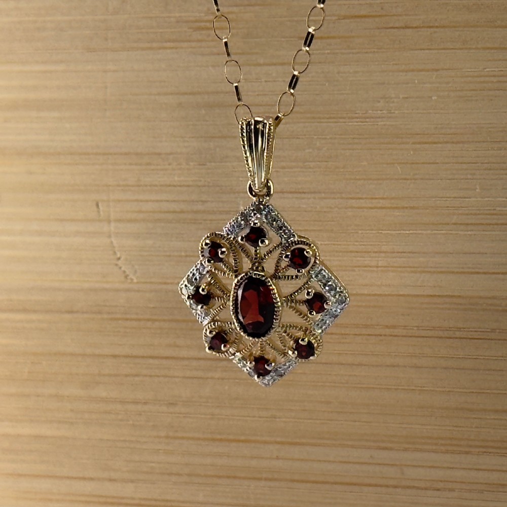 9ct Gold Art Deco Garnet & Diamond Pendant Necklace View VII
