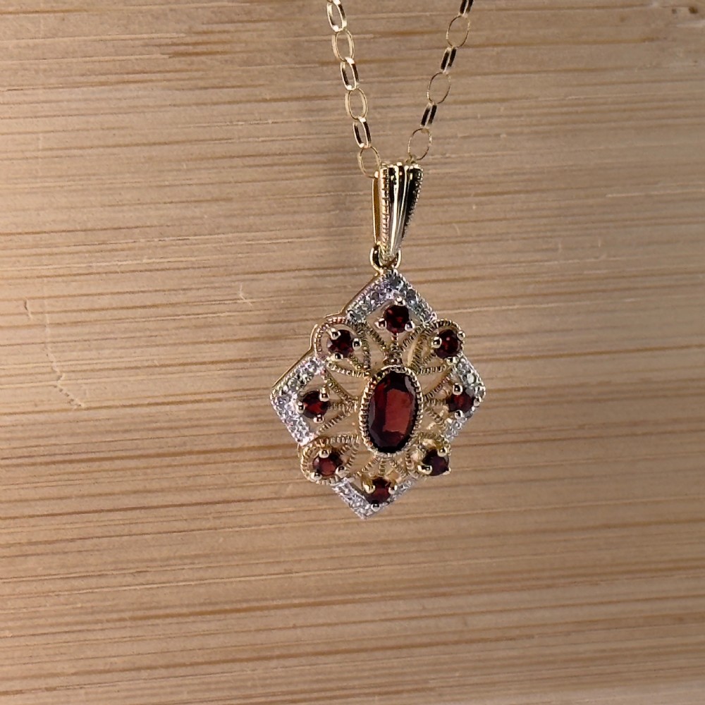 9ct Gold Art Deco Garnet & Diamond Pendant Necklace View VIII
